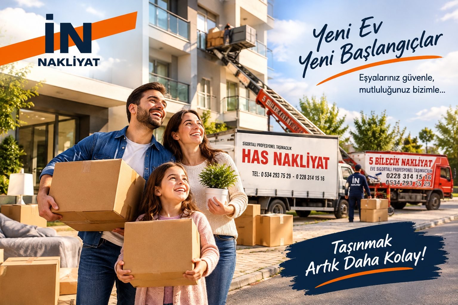 İnegöl evden eve nakliyat: mobil asansörle taşıma ve yeni evine taşınan aile